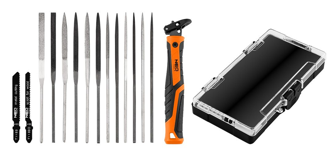 NEO TOOLS 44-653 sada jehlových pilníků, diamantových pilníků a pil. plátků s rukojetí