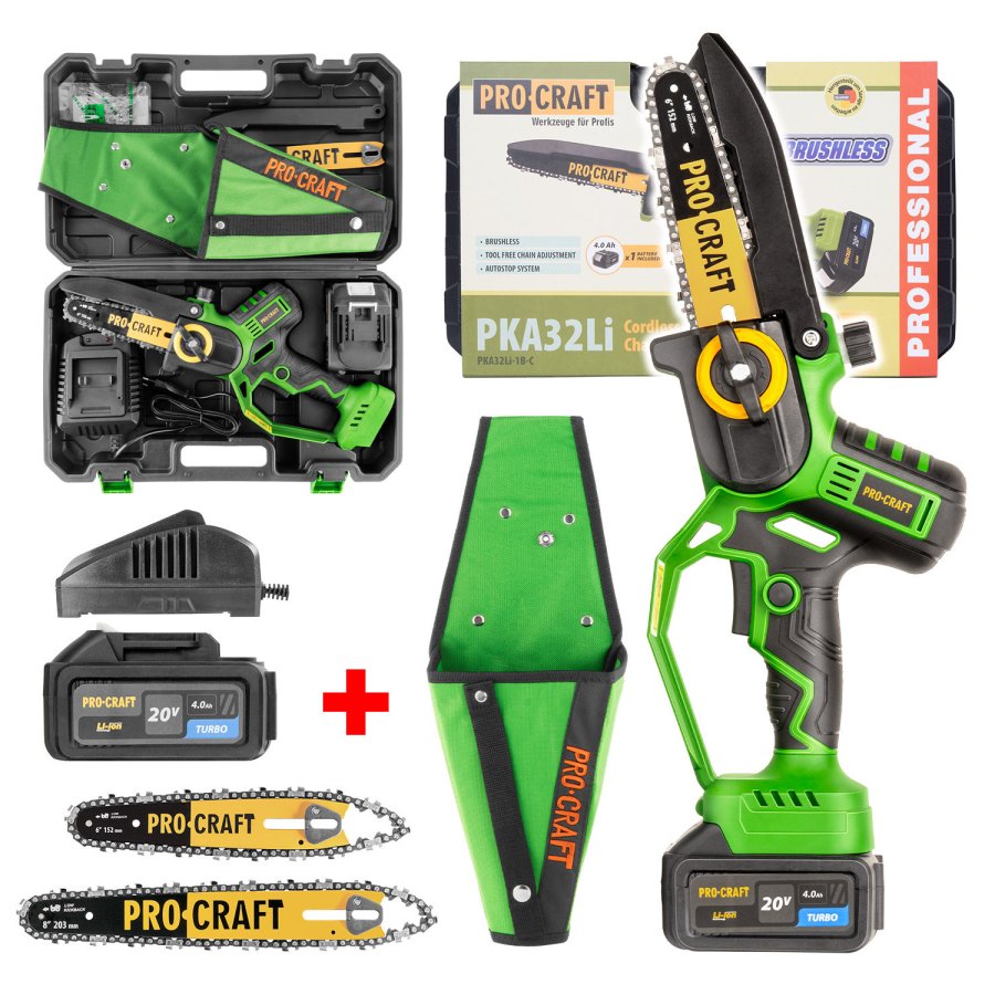 PROCRAFT PKA32Li-P jednoruční aku řetězová pila 15+20cm LiIon 20V 1x 4Ah v kufru + pouzdro