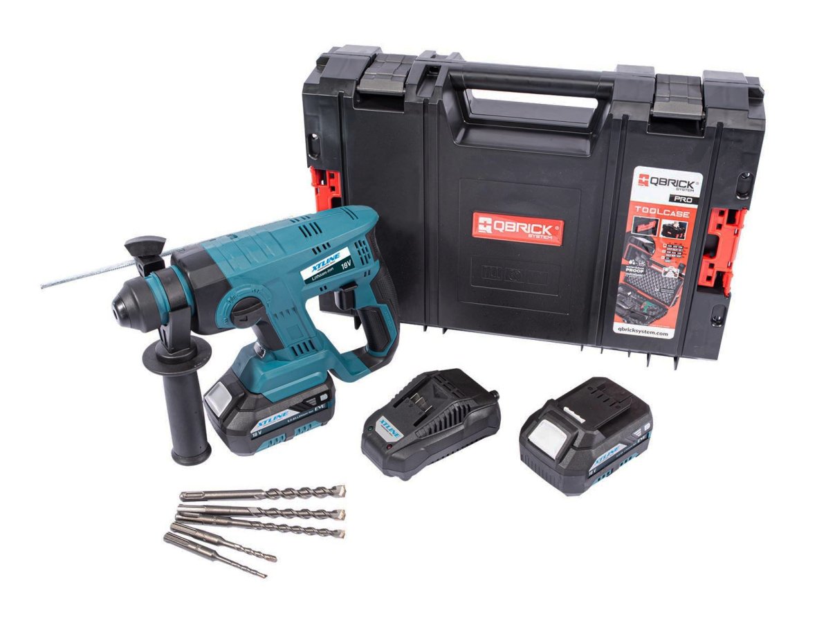 XTline XT102840-2B5B aku vrtací kladivo SDS+, 18V LiIon 2x 5Ah BRUSHLESS v kufru + vrtáky