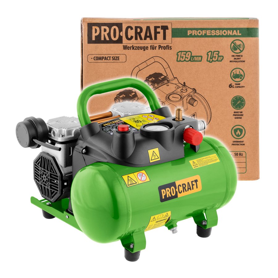 PROCRAFT AC6 tichý přenosný bezolejový dvoupístový kompresor 6 lit.