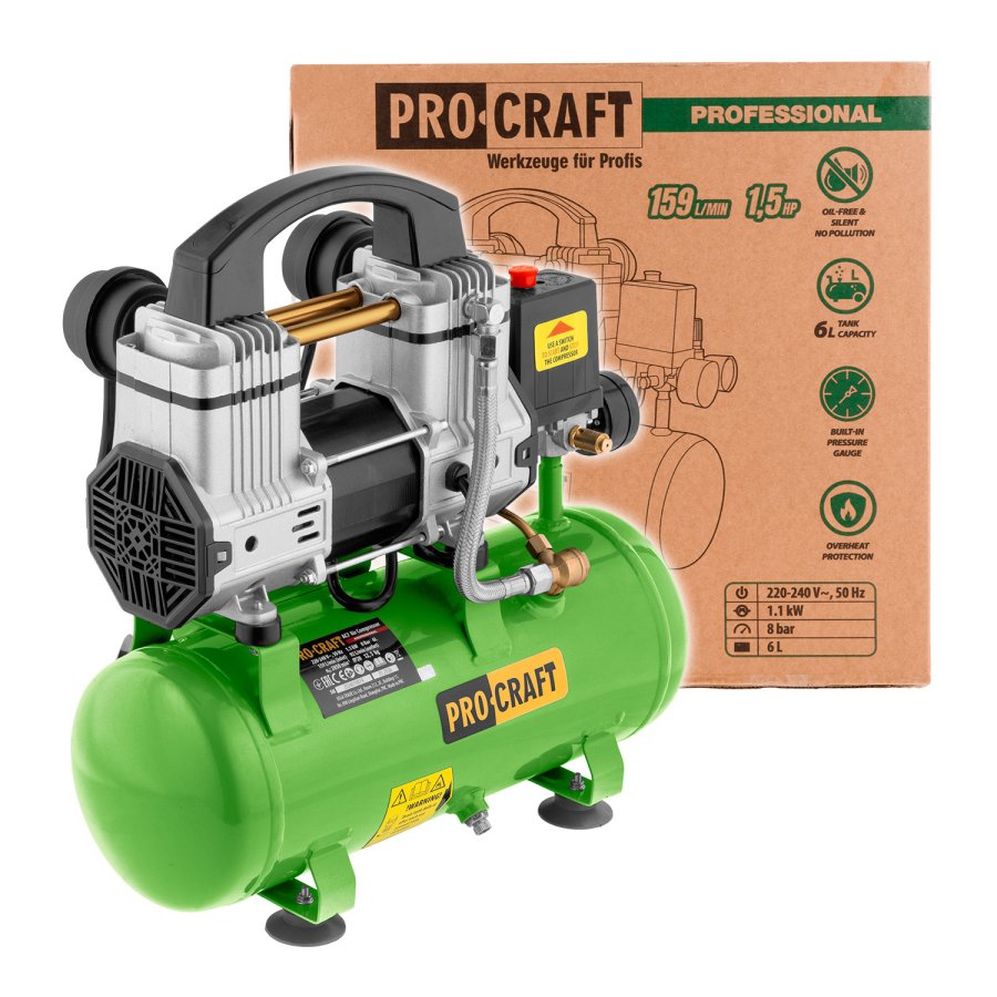 PROCRAFT AC7 tichý přenosný bezolejový dvoupístový kompresor 6 lit.