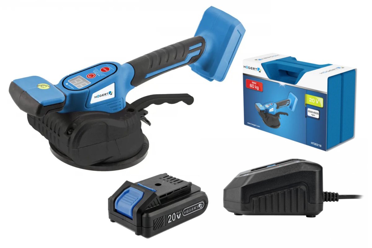HOGERT HT2E218 vibrační aku přísavka 123 mm s manometrem 60kg 20V 2Ah LiIon