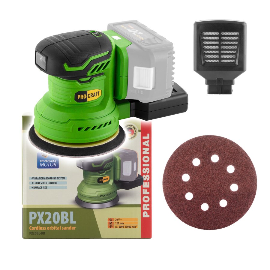 PROCRAFT PX20BL aku excentrická bruska 125mm bezuhlíková LiIon 20V, bez aku (PX20BLBB)