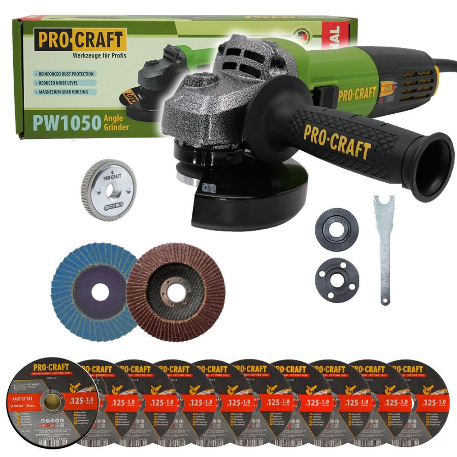 PROCRAFT SPW1050/RM14 úhlová bruska 125mm + matice RM14, 10x řezný a 2x lamelový kotouč