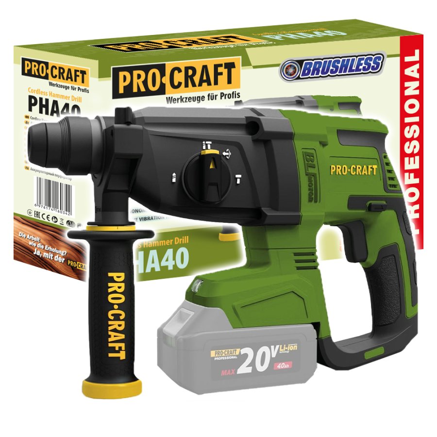 PROCRAFT PHA40BB bezuhlíkové kombinované aku kladivo SDS+ LiIon 20V, bez aku