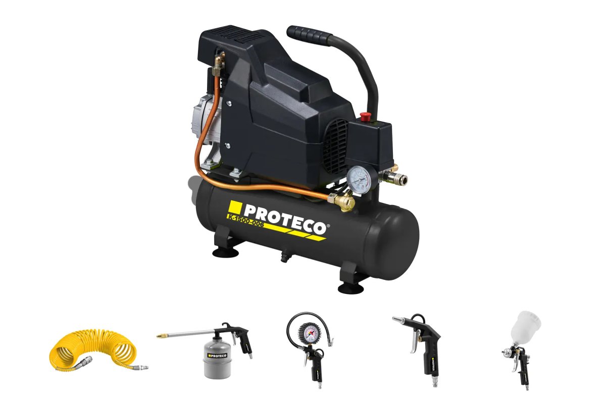 PROTECO 51.02-K-1500-006-SADA přenosný olejový kompresor s nádobou 6 lit. + příslušenství
