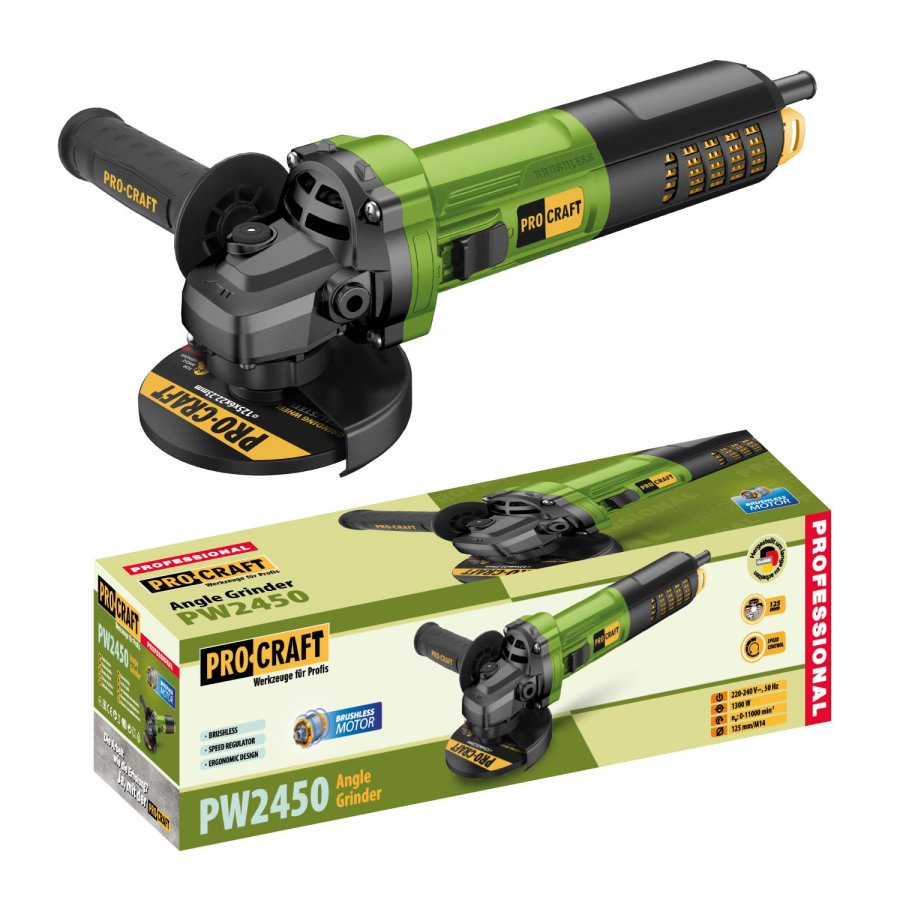 PROCRAFT PW2450 bezuhlíková úhlová bruska 125mm 1300W s regulací
