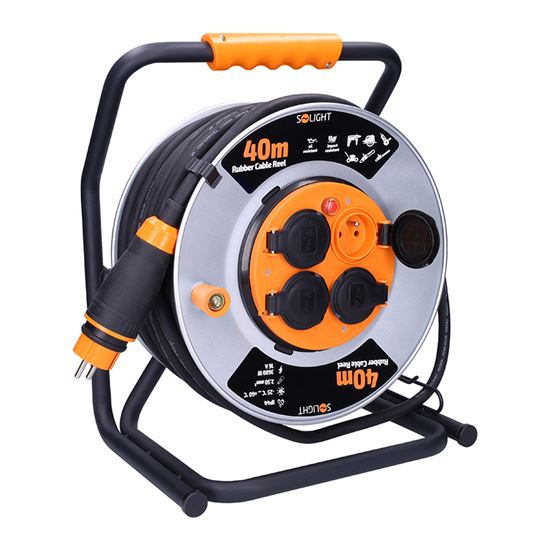 SOLIGHT PB43 kabel prodlužovací na bubnu 230V 40m/ 4 zásuvky guma-neopren 3x 2,5mm2, IP44