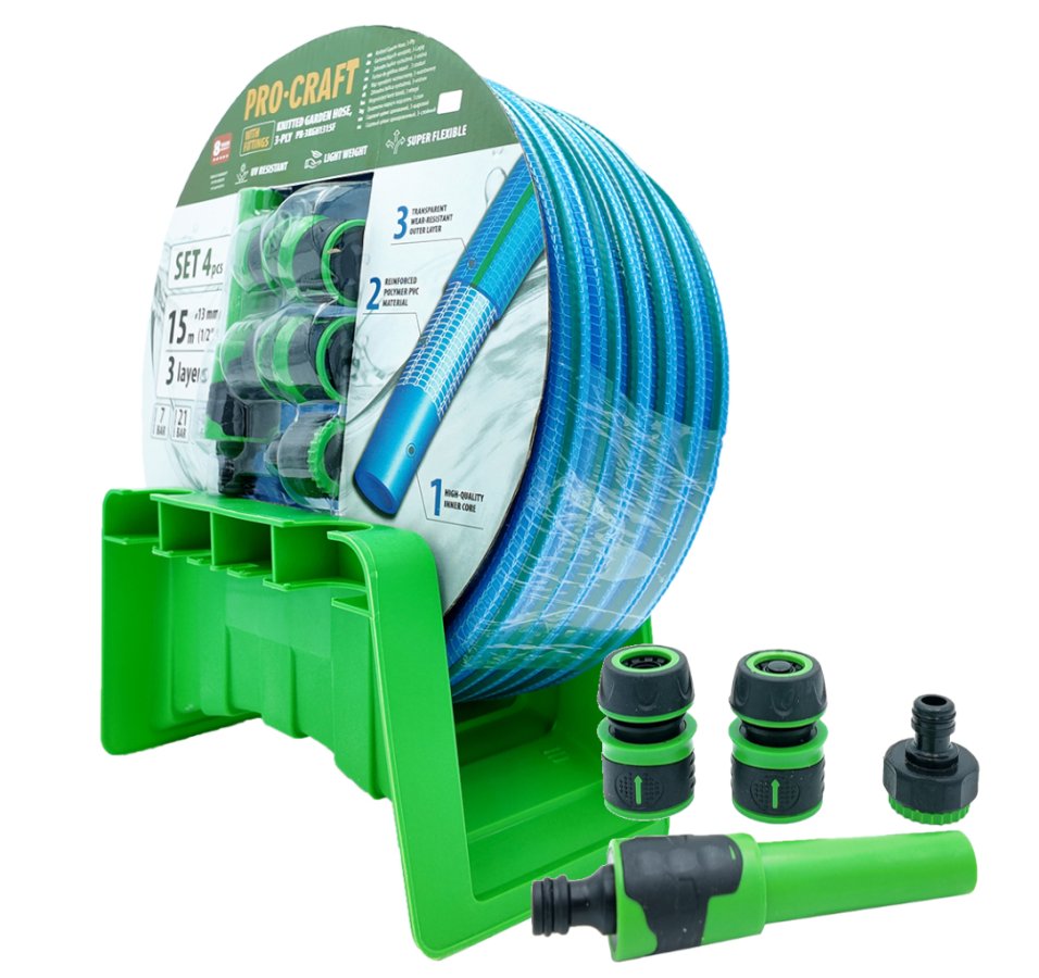 PROCRAFT PR-3KGH1315F zahradní hadice 1/2" 15m modrá + koncovky, postřikovač, držák