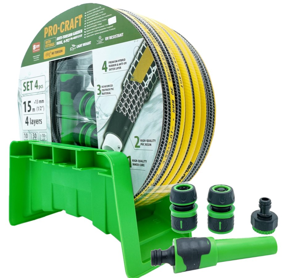 PROCRAFT PR-4KAT1315F zahradní hadice 1/2" 15m černo-žlutá + koncovky, postřikovač, držák