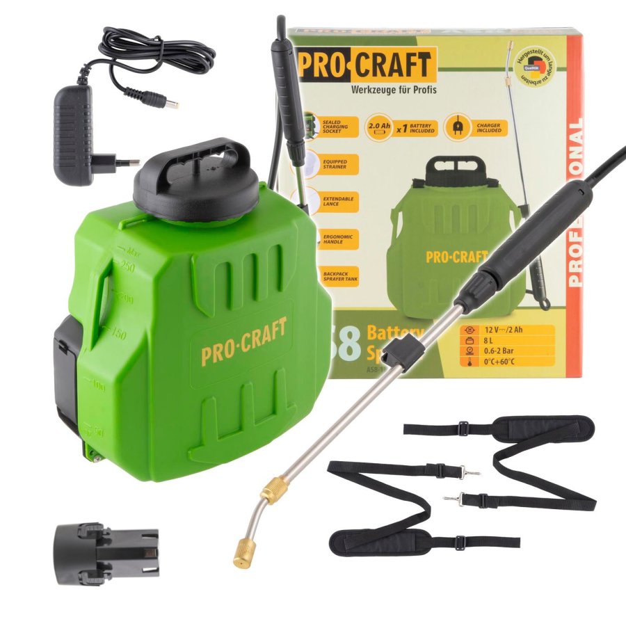 PROCRAFT AS8 aku postřikovač zádový 8 lit. LiIon 12V 2Ah