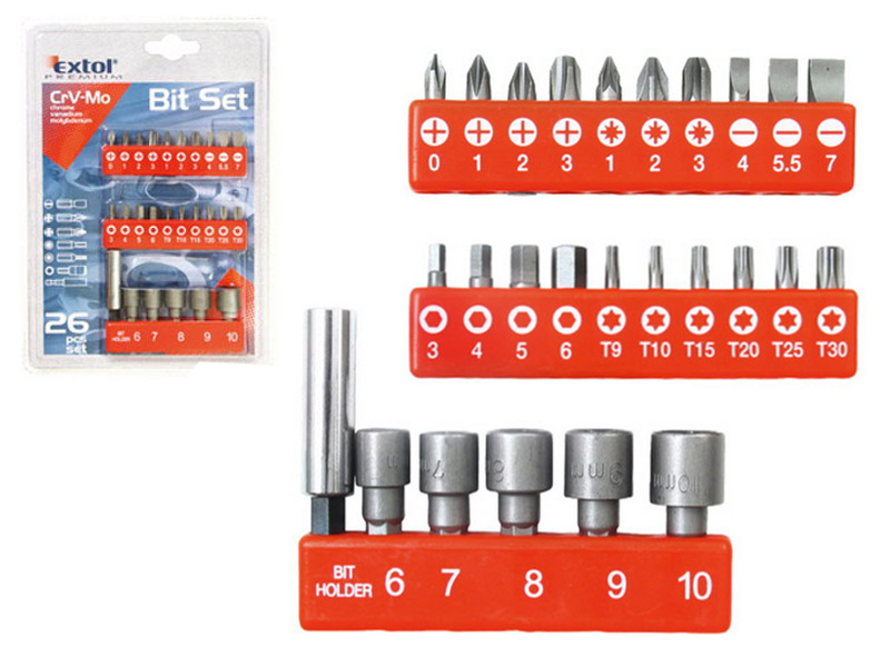 EXTOL PREMIUM 8819620 sada bitů a nástrčných hlavic CrMoV 26ks
