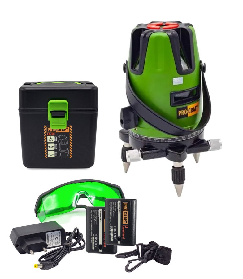 PROCRAFT LE-5D křížový samonivelační laser 50m se zeleným paprskem, 2x 2Ah LiIon