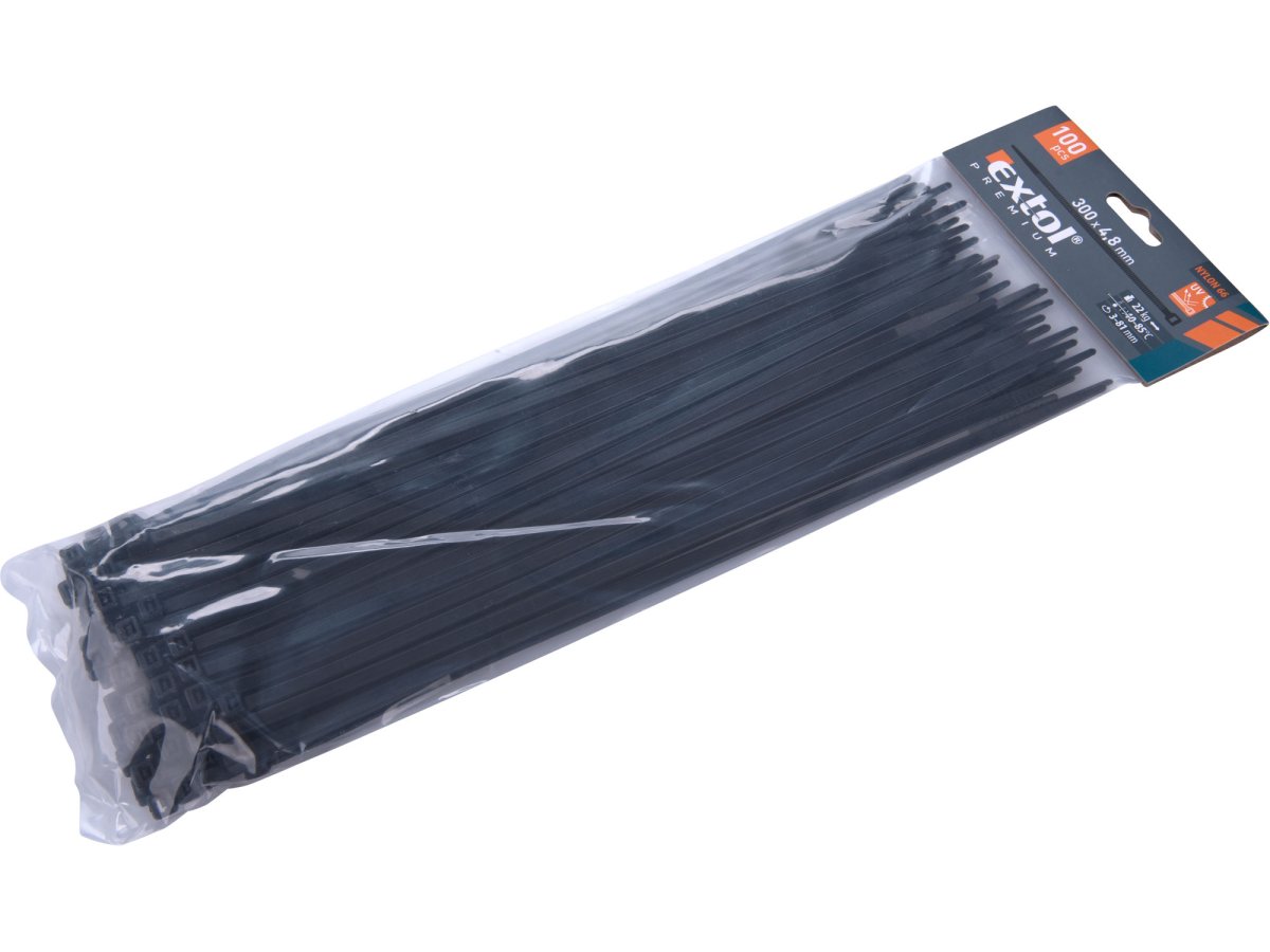 EXTOL PREMIUM  8856162 pásky na vodiče černé, 300x4,8mm, 100ks, nylon