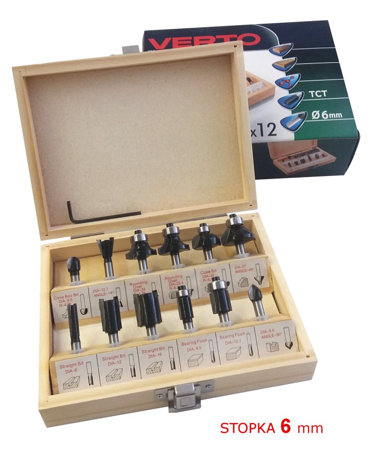 VERTO 60H008 sada tvarových fréz do dřeva s SK plátky, 12ks, stopka 6mm Obrázek
