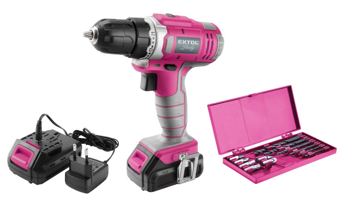 Vrtací aku šroubovák Extol Lady, 12V li-ion,1300mAh,v tašce, růžový Obrázek