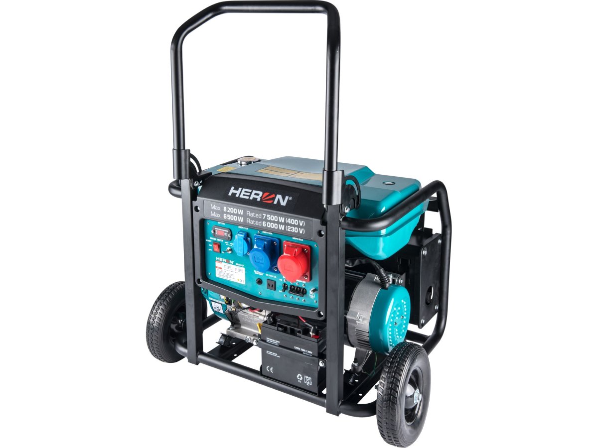 HERON 8896147 elektrocentrála benzínová 8,2kW 400V, 6,5kW 230V se startérem a podvozkem Obrázek
