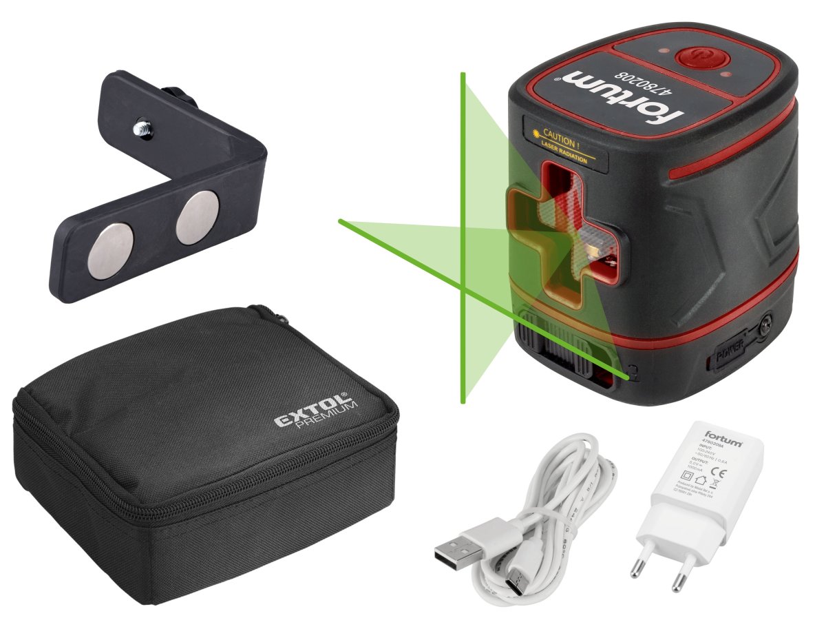 FORTUM 4780208 laser zelený liniový křížový samonivelační 3,7V 1,4Ah LiIon USB Obrázek