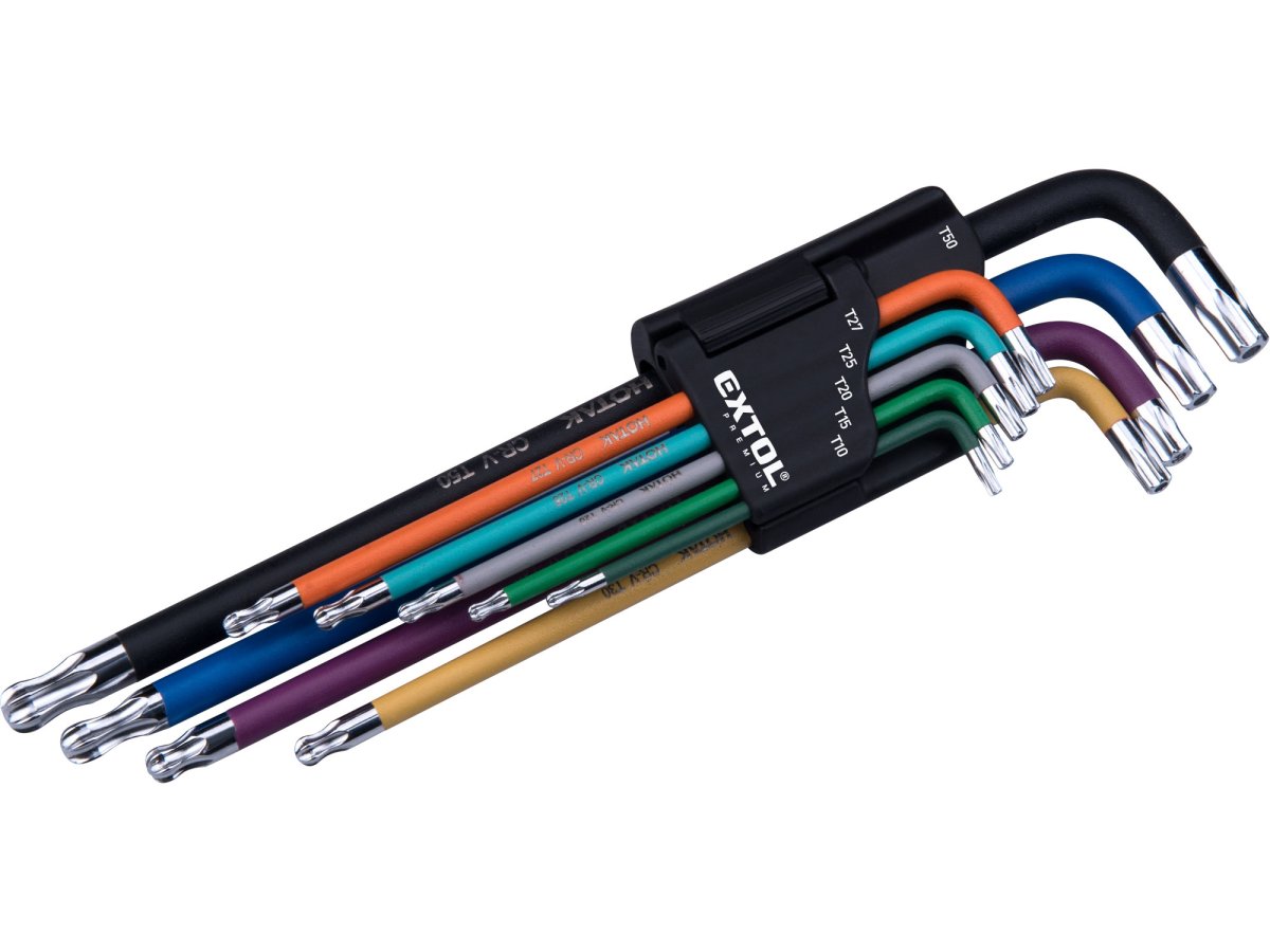 Levně EXTOL PREMIUM 8819416 L-klíče TORX sada prodloužené barevné 9ks s kuličkou T10-50mm S2