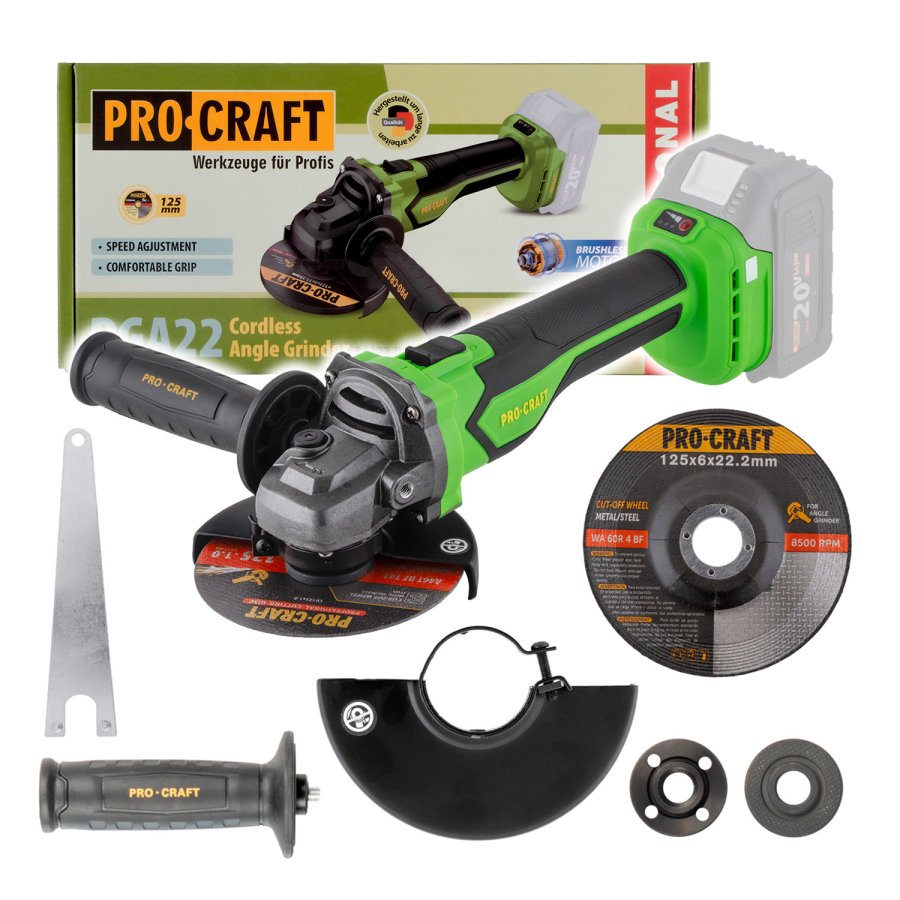 PROCRAFT PGA22 aku úhlová bruska 125mm 20V bezuhlíková s regulací, bez aku PGA22bb
