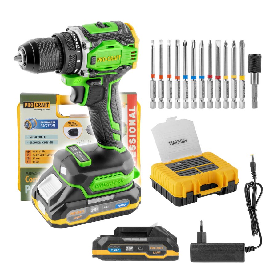 PROCRAFT PA18Pro2-1B-C aku vrtačka bezuhlíková 1x 2Ah + sada bitů
