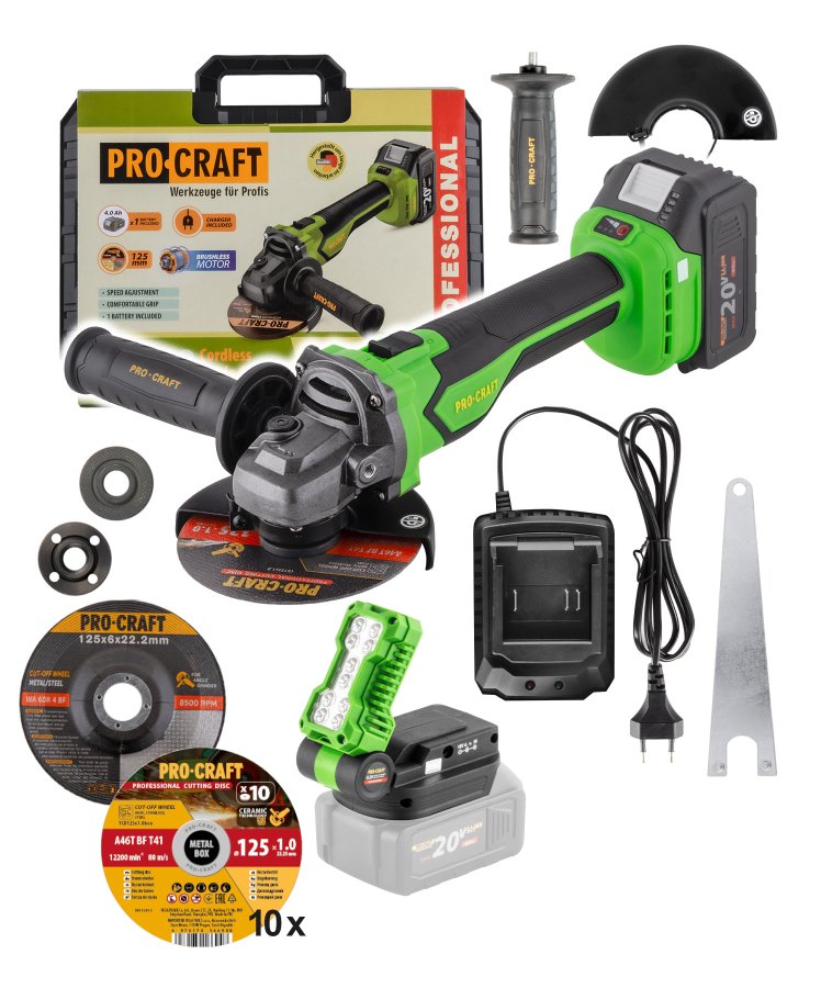 PROCRAFT PGA22-1B-C bezuhlíková aku úhlová bruska 125mm LiIon 20V 4Ah /akční SET