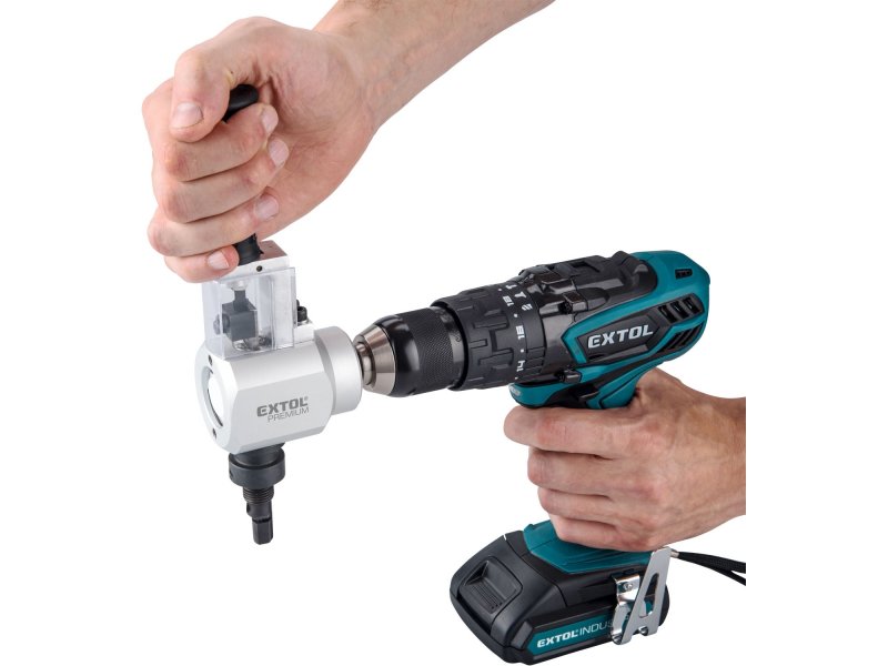 EXTOL PREMIUM 8813654 dvou funkční nástavec na vrtačku ke stříhání plechu a řezání dřeva Obrázek