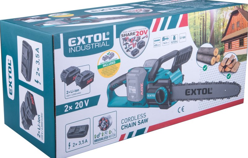EXTOL INDUSTRIAL 8791920 aku řetězová pila BRUSHLESS 2x 20V LiIon 2x 4Ah SHARE20V 40cm Obrázek