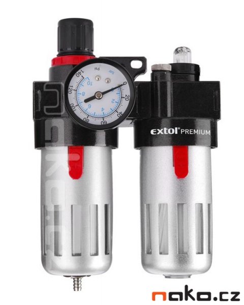 EXTOL PREMIUM Regulátor tlaku s filtrem a manometrem a přimazávač oleje, 8bar, G 1/4