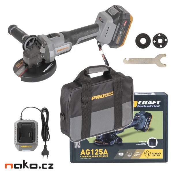 PROCRAFT Industrial AG125A-1B-F bezuhlíková aku úhlová bruska 125mm v tašce LiIon 20V 4Ah