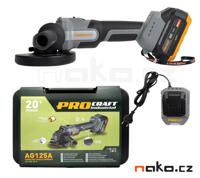 PROCRAFT Industrial AG125A bezuhlíková aku úhlová bruska 125mm LiIon 20V 1x 4Ah Obrázek