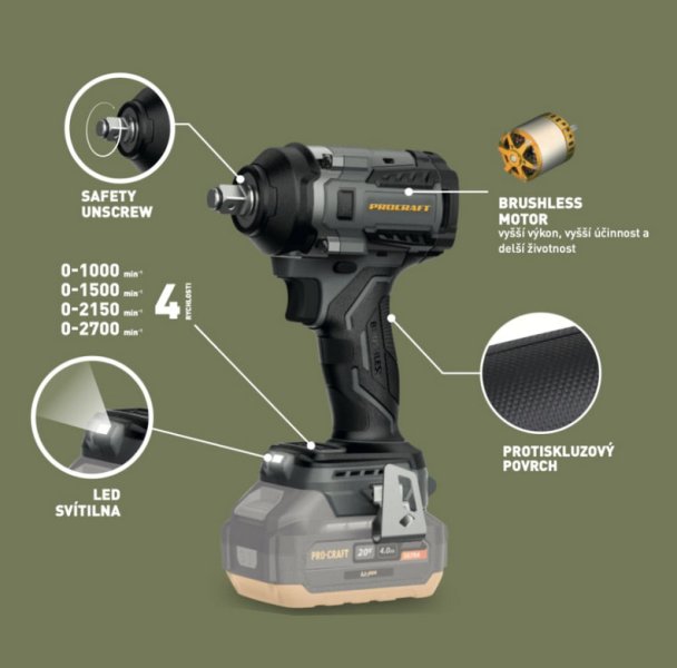 PROCRAFT Industrial IW550ABB aku rázový utahovák bezuhlíkový 1/2" 550Nm LiIon 20V, bez aku Obrázek