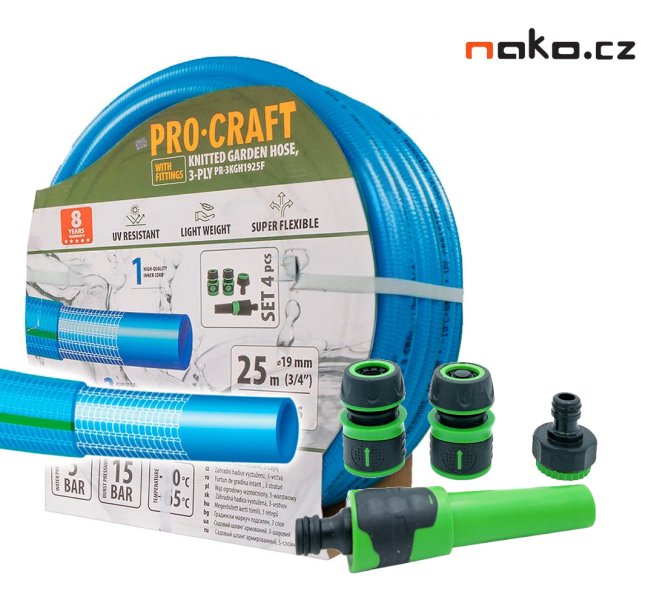 PROCRAFT PR-3KGH1925F zahradní hadice 3/4" 25m modrá s koncovkami a postřikovačem