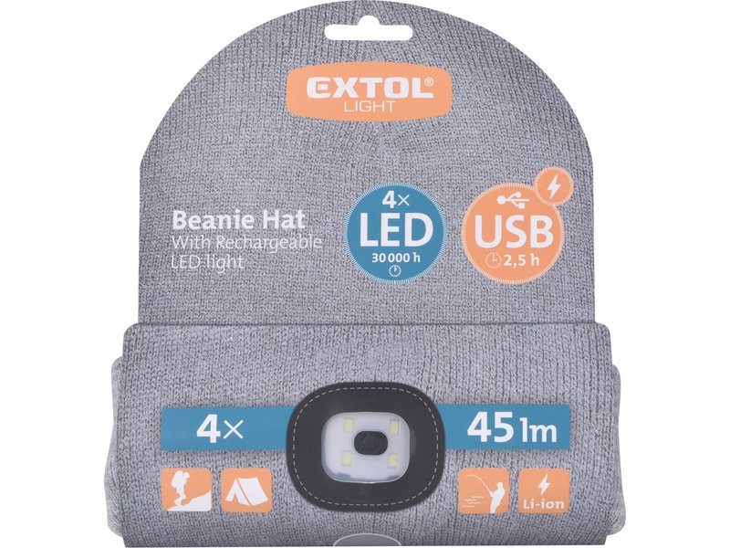 EXTOL LIGHT 43195 čepice s čelovkou 45lm nabíjecí USB univerzální velikost ŠEDÁ