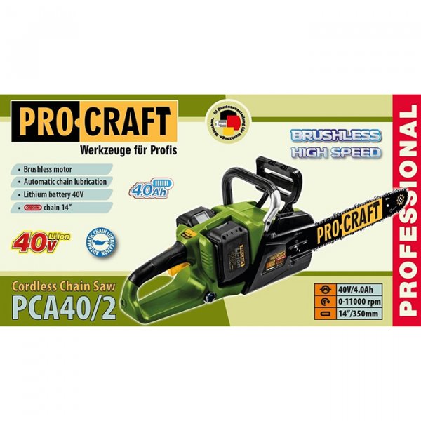 PROCRAFT PCA40/2 bezuhlíková aku řetězová pila 35cm LiIon 2x20V, bez aku Obrázek