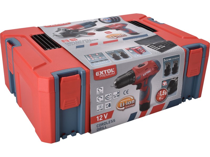 EXTOL PREMIUM 8898311 sada aku vrtačka 12V a úhlová bruska 125mm v plastovém boxu Obrázek