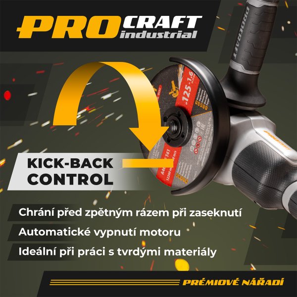 PROCRAFT Industrial AG125ABB bezuhlíková aku úhlová bruska 125mm LiIon 20Vbez aku Obrázek