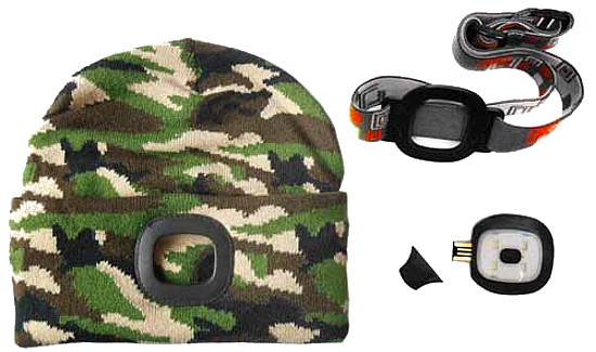 MAGG 120265 čepice s čelovkou a gumovým páskem, USB nabíjení, MASKOVANÁ