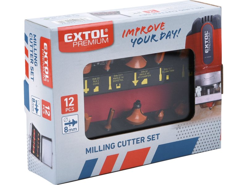 EXTOL PREMIUM 44037 sada tvarových fréz do dřeva SK 12ks, stopka 8mm Obrázek