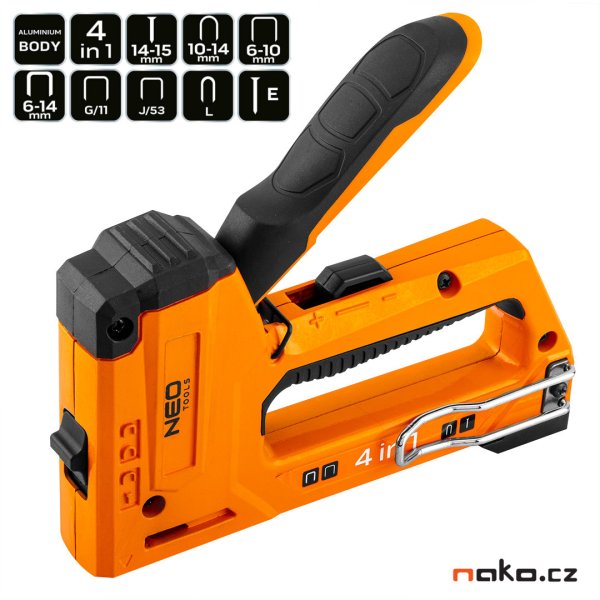 NEO TOOLS 16-030 ruční sponkovačka / hřebíkovačka multifunkční 4v1 J,G,L,E 6-14mm