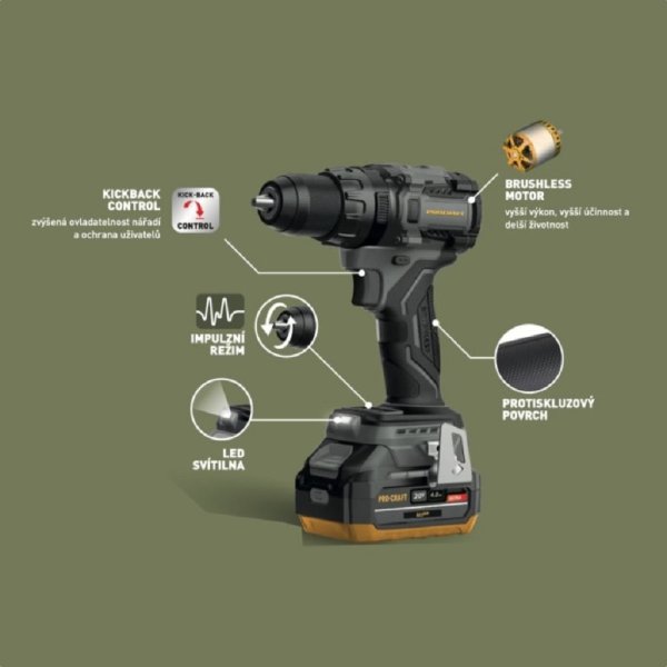 PROCRAFT Industrial CD20ABB příklepová bezuhlíková aku vrtačka LiIon 20V bez aku Obrázek