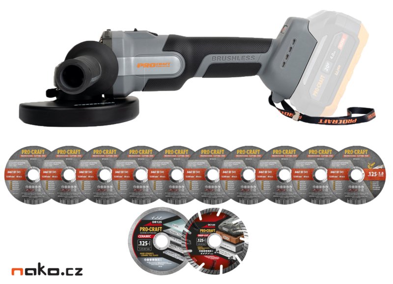 PROCRAFT Industrial AG125ABB bezuhlíková aku úhlová bruska 125mm LiIon 20V bez aku+kotouče