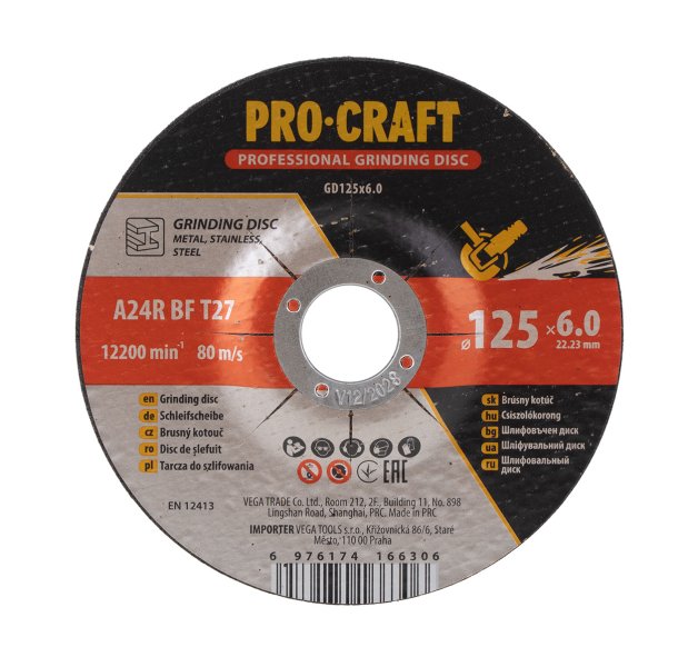 PROCRAFT GD125x6,0 brusný kotouč na ocel a nerez 125 x 6mm do úhlové brusky