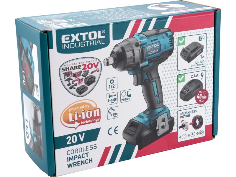 EXTOL INDUSTRIAL 8791811 aku rázový utahovák 1/2“ SHARE20V, 250Nm, BRUSHLESS, bez aku Obrázek