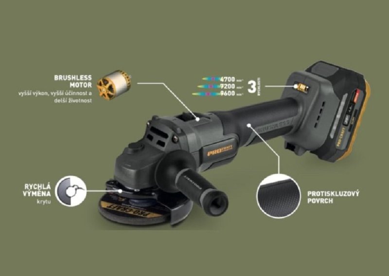 PROCRAFT Industrial AG125A bezuhlíková aku úhlová bruska 125mm LiIon 20V 1x 4Ah Obrázek