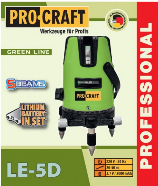 PROCRAFT LE-5D křížový samonivelační laser 50m se zeleným paprskem, 2x 2Ah LiIon Obrázek