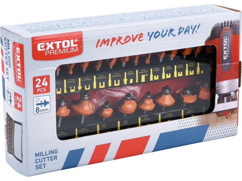 EXTOL PREMIUM 44039 frézy tvarové do dřeva s SK plátky, sada 24ks, stopka 8mm Obrázek