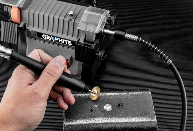 GRAPHITE ENERGY+ 58G095 aku stolní mini kotoučová bruska s ohebou hřídelí, bez aku Obrázek