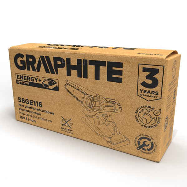 GRAPHITE ENERGY+ 58GE116 jednoruční mini aku řetězová pila 13cm 18V LiIon bez aku Obrázek