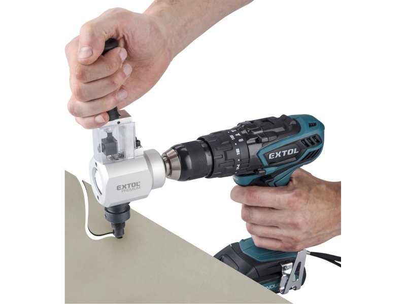 EXTOL PREMIUM 8813654 dvou funkční nástavec na vrtačku ke stříhání plechu a řezání dřeva Obrázek